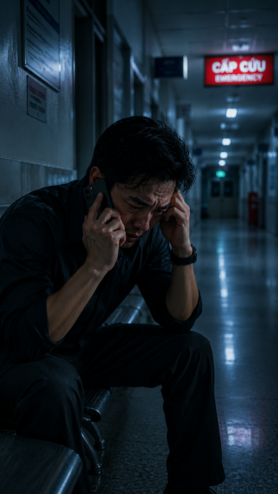 Ngồi tuyệt vọng ở hành lang bệnh viện